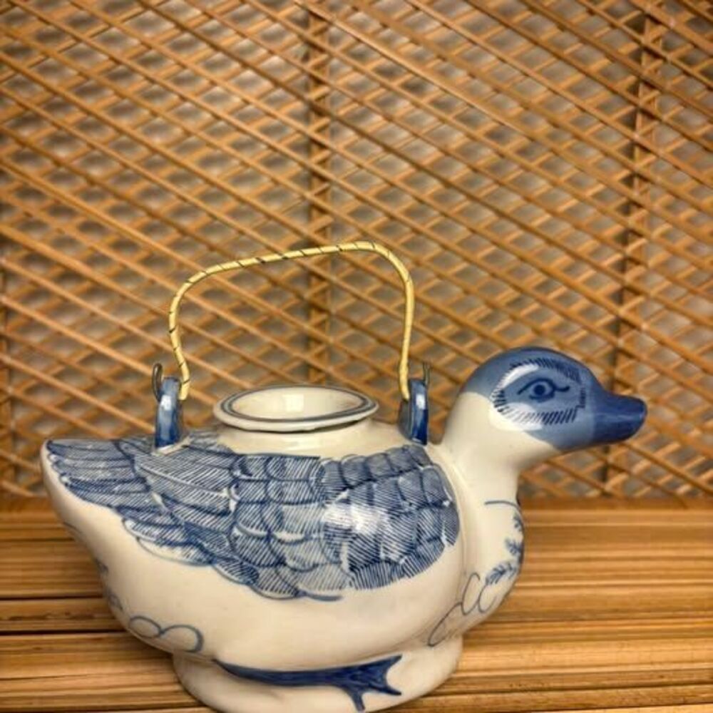 Blue & White Hand-Painted Duck Teapot